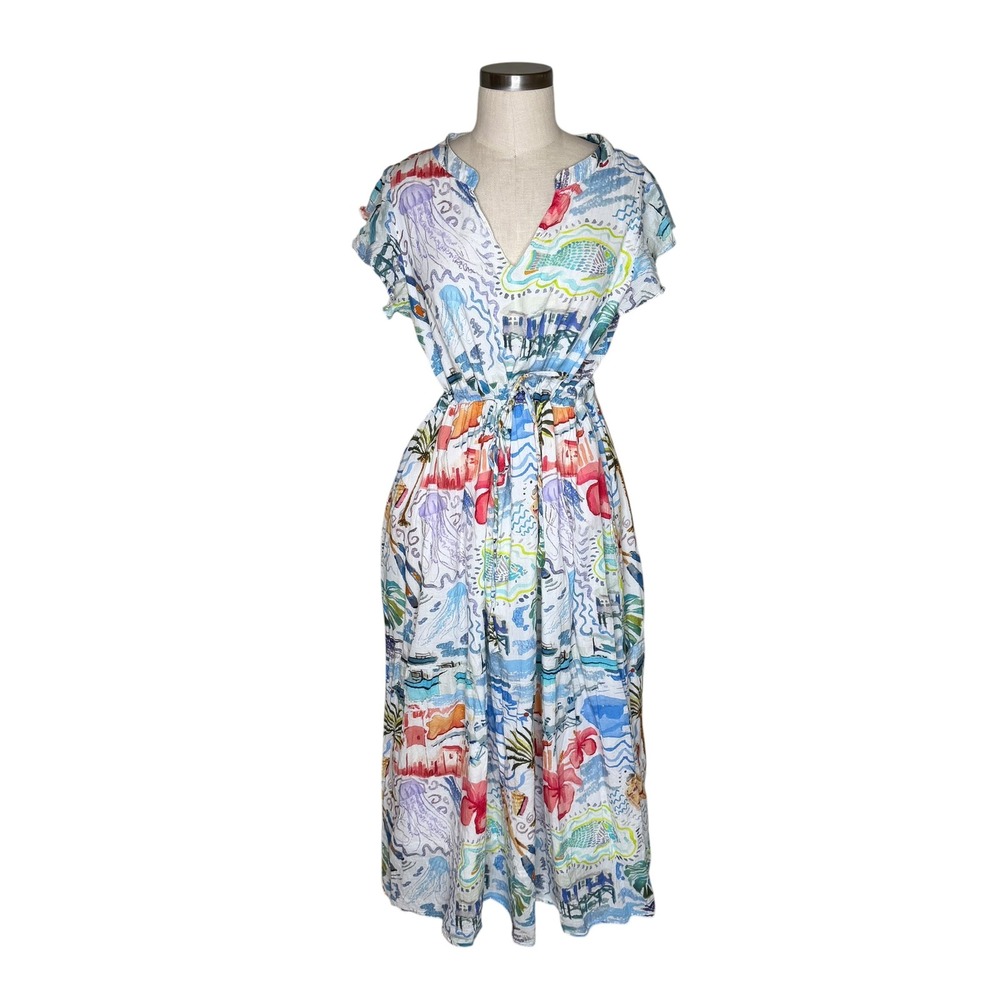 CHARLEE Coastal Print Midi Dress White Tropical Beach Scene Women's Size Large